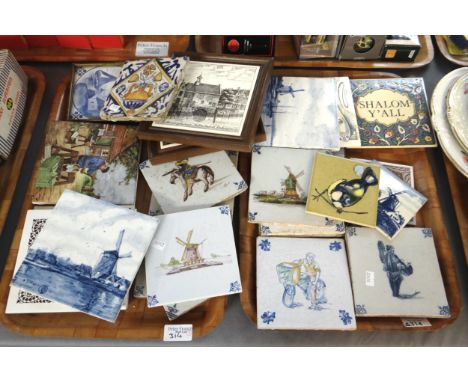 Two trays of tiles to include: framed German tiles, Dutch tiles, hand painted, H &amp; R Johnsons Ltd Withersdale bird tile e