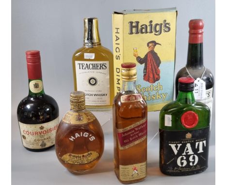 Collection of alcoholic spirits to include: Haig's Dimple Scotch Whisky, one in original box, other Whiskies to include: John