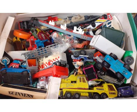 Box of vintage play worn toys, mainly diecast and other model vehicles.  (B.P. 21% + VAT) 