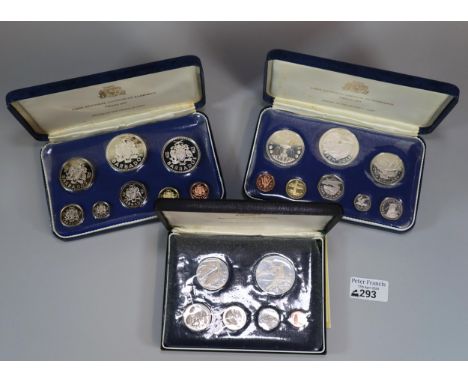 Minted at The Franklin Mint, three cased coin proof sets to include: First National coinage of Barbados x2 and British Virgin