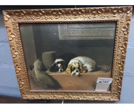After British School, two Cavalier King Charles Spaniels with a Cavalier's hat, Oileograph print on canvas.&nbsp; 19x24cm app