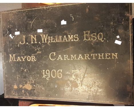 Early 20th century tin box for J.N. Williams Esq Mayor Carmarthen 1906-7, the interior revealing black and white framed print