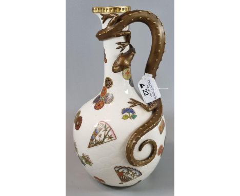 Late 19th century Royal Worcester porcelain dragon Japonesque ewer.  29cm high approx.  Puce printed marks to the underside. 