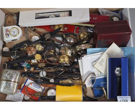Box of assorted gents and ladies wristwatches, watch faces, watch parts, Aynsley Pembroke miniature mantel clock etc. (B.P. 2