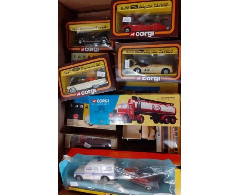 Two boxes of diecast model vehicles, varying scales to include: Corgi Volvo General Purpose Tanker, Corgi 50s Classics, Dinky