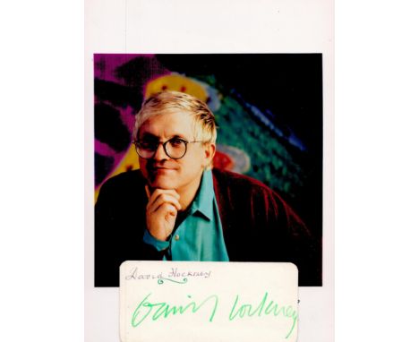 David Hockney signature piece attached to colour photo. English painter, draftsman, printmaker, stage designer, and photograp