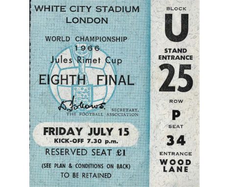 Football original ticket for the World Championship 1966 quarter final at White City Stadium. Friday 15th July 7:30pm. Good c