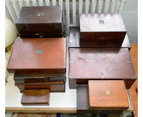 A VICTORIAN BRASS BOUND ROSEWOOD WRITING BOX, 51CM W, A VICTORIAN OAK DECANTER BOX AND MISCELLANEOUS OTHER WRITING AND TRINKE