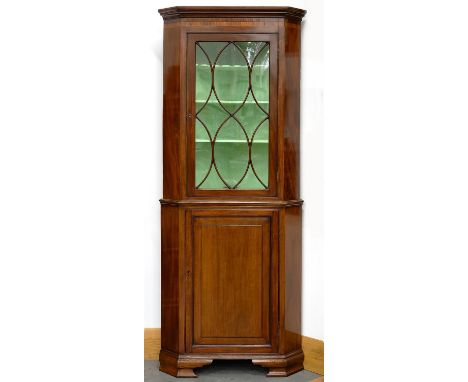 A VICTORIAN MAHOGANY CORNER CABINET ON BRACKET FEET, 212CM H 