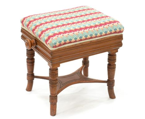 A TURNED MAHOGANY PIANO STOOL WITH WOOLWORK SEAT, EARLY 20TH C, 46CM W 