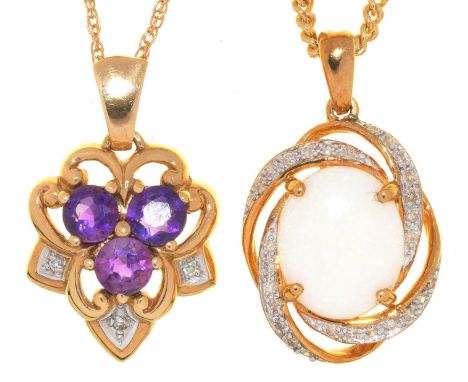 AN OPAL AND DIAMOND PENDANT ON CHAIN IN GOLD MARKED 9CT AND AN AMETHYST PENDANT ON CHAIN IN 9CT GOLD, 9G 