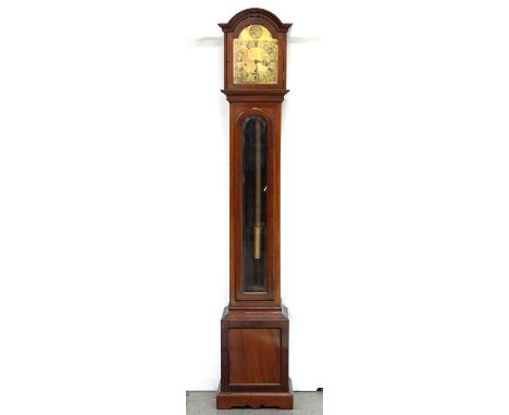 A MAHOGANY DWARF LONGCASE CLOCK, THE ARCH TOPPED BRASS DIAL INSCRIBED TEMPUS FUGIT, 178CM H 