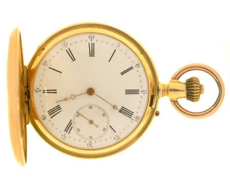 A GOLD HUNTING CASED KEYLESS LEVER WATCH, MARKED 18K, NUMBERED 129376, SWISS MOVEMENT, 4.8 CM, 84.5G 