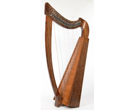AN IRISH HARP, CARVED AND LINE INLAID, 91CM H 