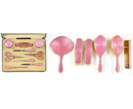 A GEORGE V SILVER AND PINK GUILLOCHE ENAMEL NECESSAIRE BY CHARLES S. GREEN &amp; CO, BIRMINGHAM 1921, CASED AND A PLATED AND 