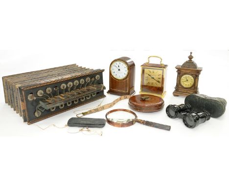 AN ABBEY LEATHER TAPE MEASURE, A PAIR OF BLACK PAINTED OPERA GLASSES, THREE VARIOUS MANTEL TIMEPIECES, INCLUDING JAEGER LE CO