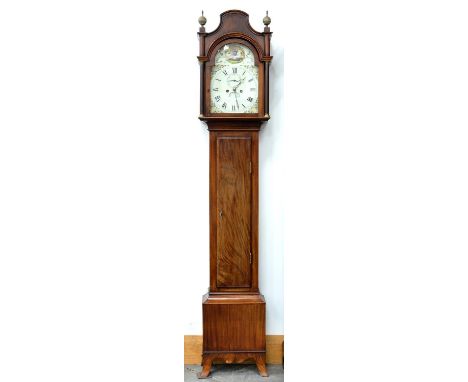 A VICTORIAN MAHOGANY EIGHT DAY LONGCASE CLOCK WITH PAINTED BREAK ARCH DIAL, 225CM H X 44CM W 