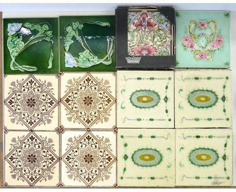 TWO SETS OF EIGHT LATE VICTORIAN 6" WALL TILES, ONE PRINTED IN SEPIA, THE OTHER MOULDED IN LIGHT RELIEF WITH PATERAE AND SEVE