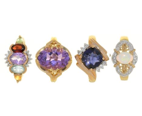 FOUR GEM SET 9CT GOLD RINGS, COMPRISING AN OPAL AND DIAMOND RING, AN AMETHYST RING, AN AMETHYST AND DIAMOND RING AND AN AMETH