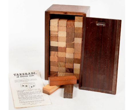 A SET OF 48 EXAMPLES OF SPECIMEN TIMBERS WITH TAKERADI EXPLANATORY LEAFLET (NUMBERED 1-56), IN WOOD BOX WITH SLIDING LID, 21C