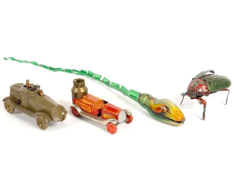 A LEHMANN CLOCKWORK TINPLATE FLY, 9CM L, C1930 AND THREE VARIOUS OTHER VINTAGE TINPLATE TOYS, COMPRISING ARMOURED CAR, RUNABO