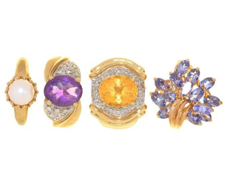 FOUR GEM SET 9CT GOLD RINGS, COMPRISING A TANZANITE RING, A CULTURED PEARL RING, A CITRINE AND DIAMOND RING AND AN AMETHYST A