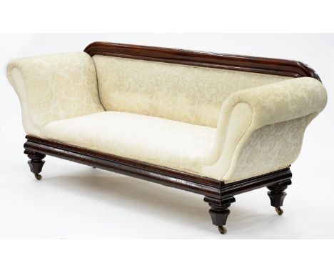 A VICTORIAN MAHOGANY SOFA ON BRASS CASTORS, 230CM W 