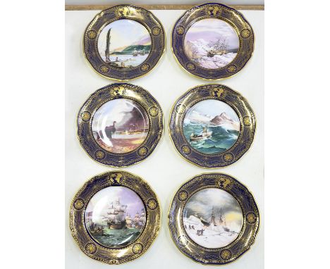 A SET OF SIX SPODE BONE CHINA GREAT EXPLORERS PLATES, COBALT AND GILT BORDER, 33.5CM D, PRINTED MARKS AND RED PAINTED NUMBER 