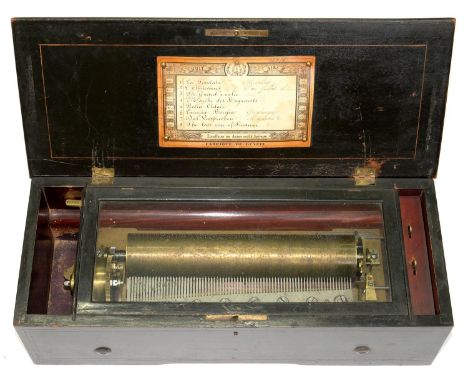 A SWISS MUSICAL BOX PLAYING EIGHT AIRS AS LISTED ON THE ORIGINAL LITHOGRAPHED TUNE SHEET TO THE UNDERSIDE OF THE LID, HAVING 