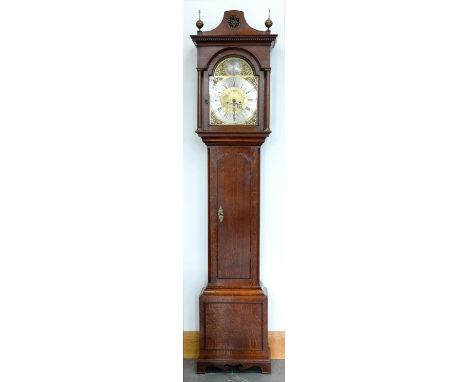 A GEORGE III OAK EIGHT DAY LONGCASE CLOCK WITH FRETWORK DECORATION, THE SILVERED AND BRASS BREAK ARCH DIAL INSCRIBED THOMAS M