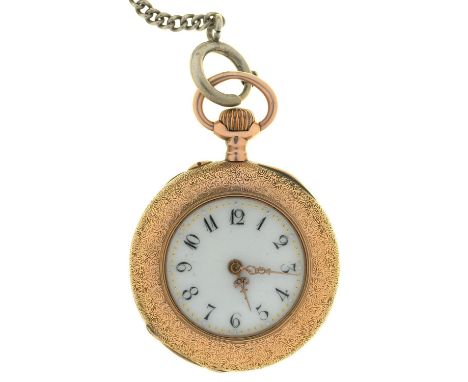 A SWISS 14CT GOLD HALF HUNTING CASED KEYLESS LEVER LADY'S WATCH, MARKED 585, SWISS CONTROL MARKS, IN FINELY ENGRAVED CASE, 29
