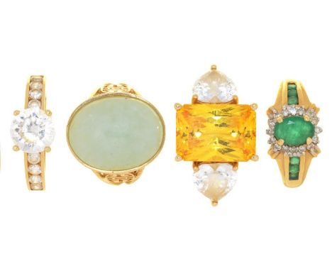 FOUR GEM SET 14CT GOLD RINGS, COMPRISING AN EMERALD AND DIAMOND RING, A JADE RING, AND TWO CUBIC ZIRCONIA RINGS, 19.5G, SIZE 