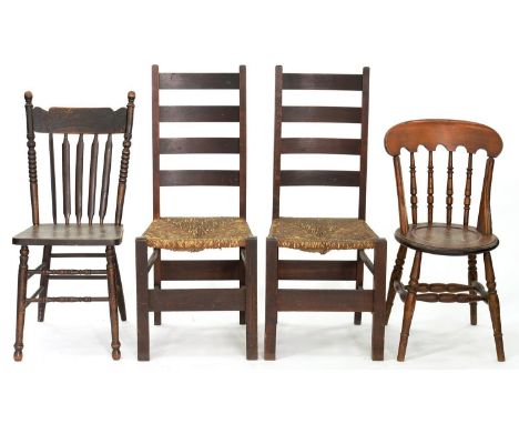A PAIR OF RUSH SEATED ASH LADDER BACK DINING CHAIRS, AN ART NOUVEAU STYLE DINING CHAIR, MAHOGANY TEA TROLLEY, ETC 
