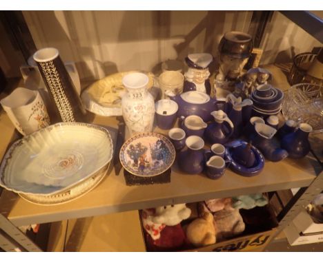 Shelf of ceramics including Devon ware, Arthur Wood, Poole etc