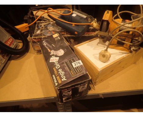 Collection of electrical tools including bench grinder, jigsaw, router etc 