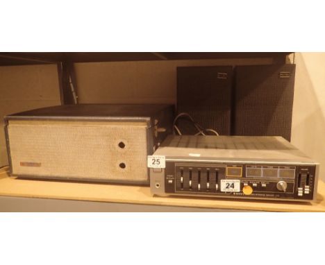 Sanyo A30 stereo integrated amplifier with a pair of Motel speakers and a Red Arrow record player with command deck