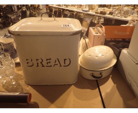 Vintage enamel bread bin and self basting roasting dish