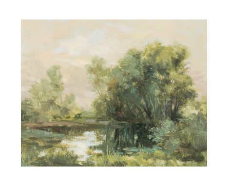 KAPLAN, JACQUES, 1872-1949 (ATRIBUTIERT) "Weiher" Öl auf Platte, unsig., Verso: Papieretikett mit Angaben zum Künstler, HxB: 