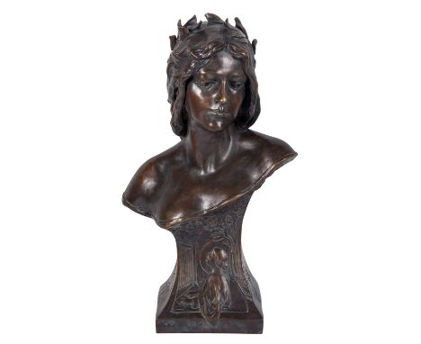 BILDHAUER/IN 19./20. Jh., Jugendstilbüste "Junge Frau mit Lorbeerkranz", 20. Jh., Bronze brüniert, vollplastische, hohl gegos