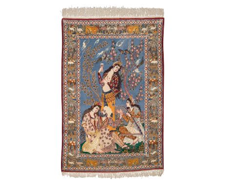 Orientteppich mit Seide.ISFAHAN/PERSIEN, 20. Jh., 150x104 cm. Bildteppich mit Darstellung einer figürlichen Paradiesgartensze