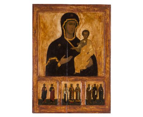 GROSSE IKONE "Gottesmutter Hodegetria" über drei Feldern, Russland 19. Jh., mit Bezeichnung in Kirchenkyrillisch, in den drei