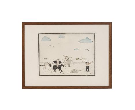 JANOSCH (d.i.: Horst Eckert, geb. 1931), "Drei Amazonen zu Pferd und ein Bauer auf dem Feld", Aquatintaradierung/Papier, u.re