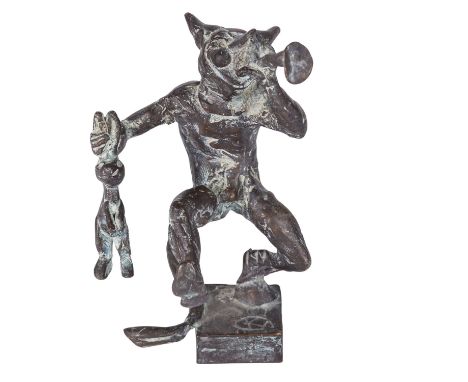 BILDHAUER/IN 20.JH., "Spielender Teufel", Bronze, auf Plinthe monogr., auf Unterseite der Plinthe Gießerstempel "Strassacker 