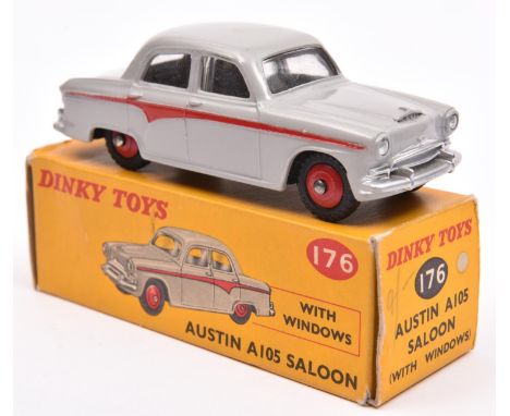 Dinky Toys Austin A105 Saloon (176). An example in light grey with red flash and wheels, with black treaded tyres. Boxed, min