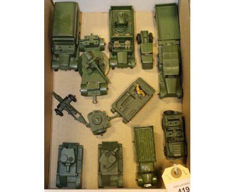 10 Dinky Military. 2x Light Tanks, Reconnaissance Car, Mobile Anti-Aircraft Gun, Austin Champ, 2x Transport Wagons, one fitte