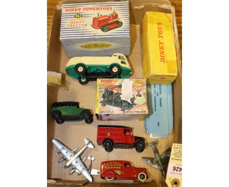 10 Dinky Toys. Pullmore Car Transporter with ramp. Blaw Knox Heavy Tractor, red example with replacement tracks. Austin Para-