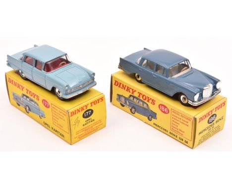 2 Dinky Toys. Opel Kapitan (177). In light blue with red interior. Plus a Mercedes-Benz 220 SE (186) in an RAF style blue wit