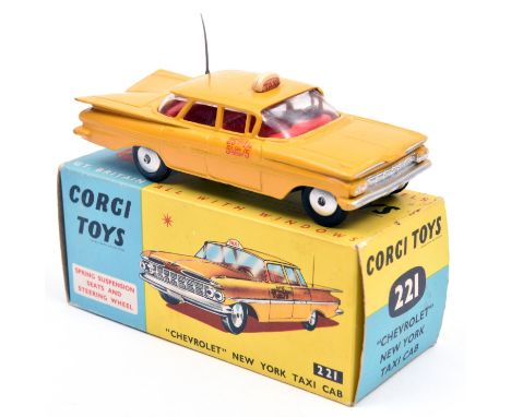 Corgi Toys 'Chevrolet' New York TAXI Cab (221). First version in deep yellow with red interior, TAXI sign to roof, aerial to 