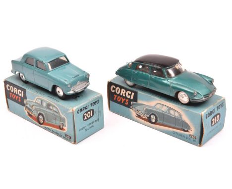 2 Corgi Toys. An Austin Cambridge Saloon (201) in blue. Plus a Citroen DS19 (210). In metallic dark green with black roof, bo