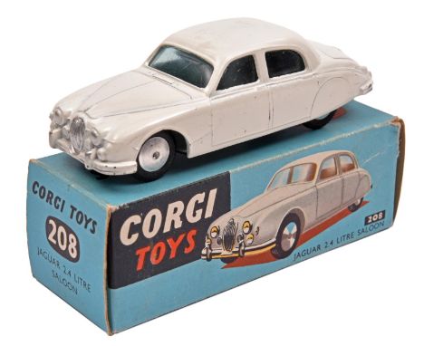 Corgi Toys Jaguar 2.4 Litre Saloon (208). Early example in white with no interior, smooth spun wheels with black tyres. Boxed